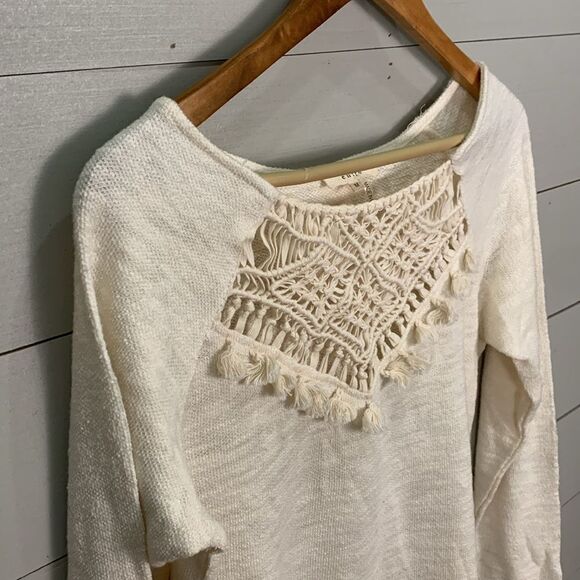 Entro boho hippie long sleeved cream colored knit lacy fringe top medium - Picture 3 of 8
